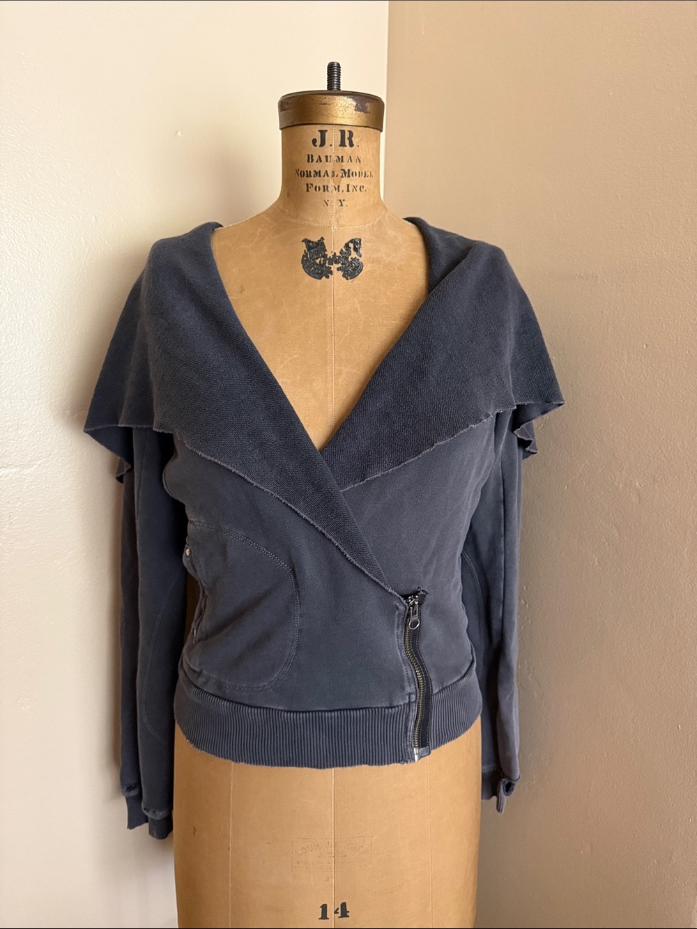 Free People Washed Blue Asymmetrical Zip Cape Collar Raw Edge Jacket